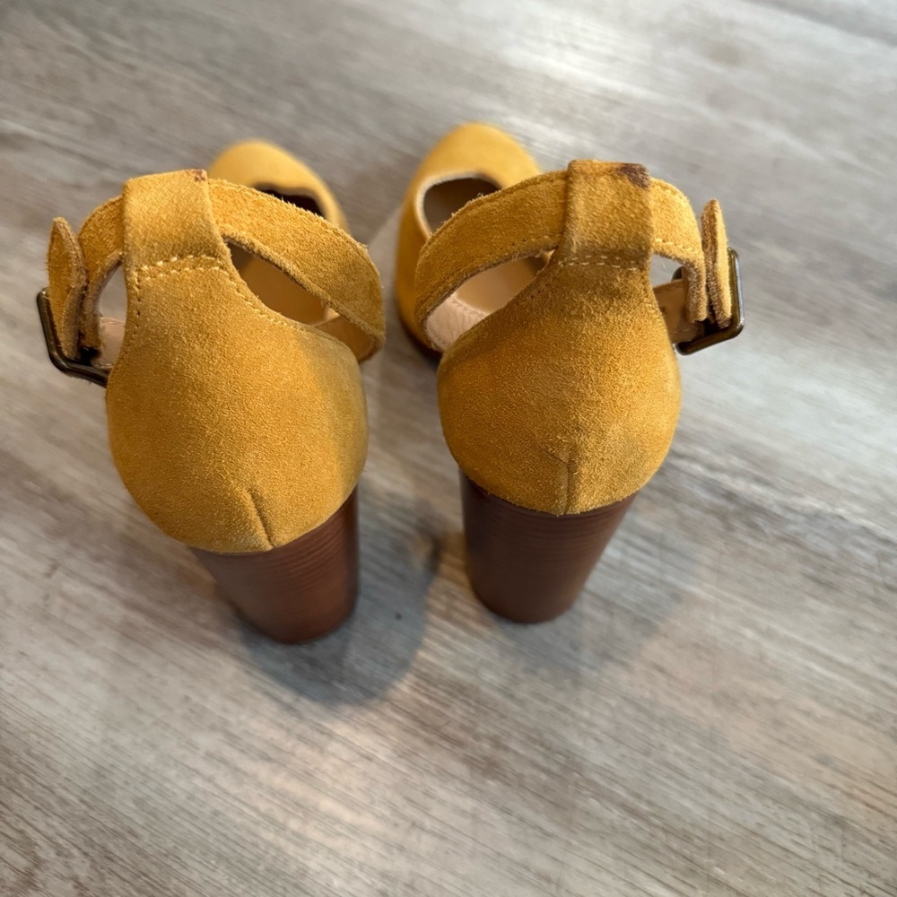 Soludos Mustard Suede Block Heel Ankle Strap Pumps - Picture 3 of 8